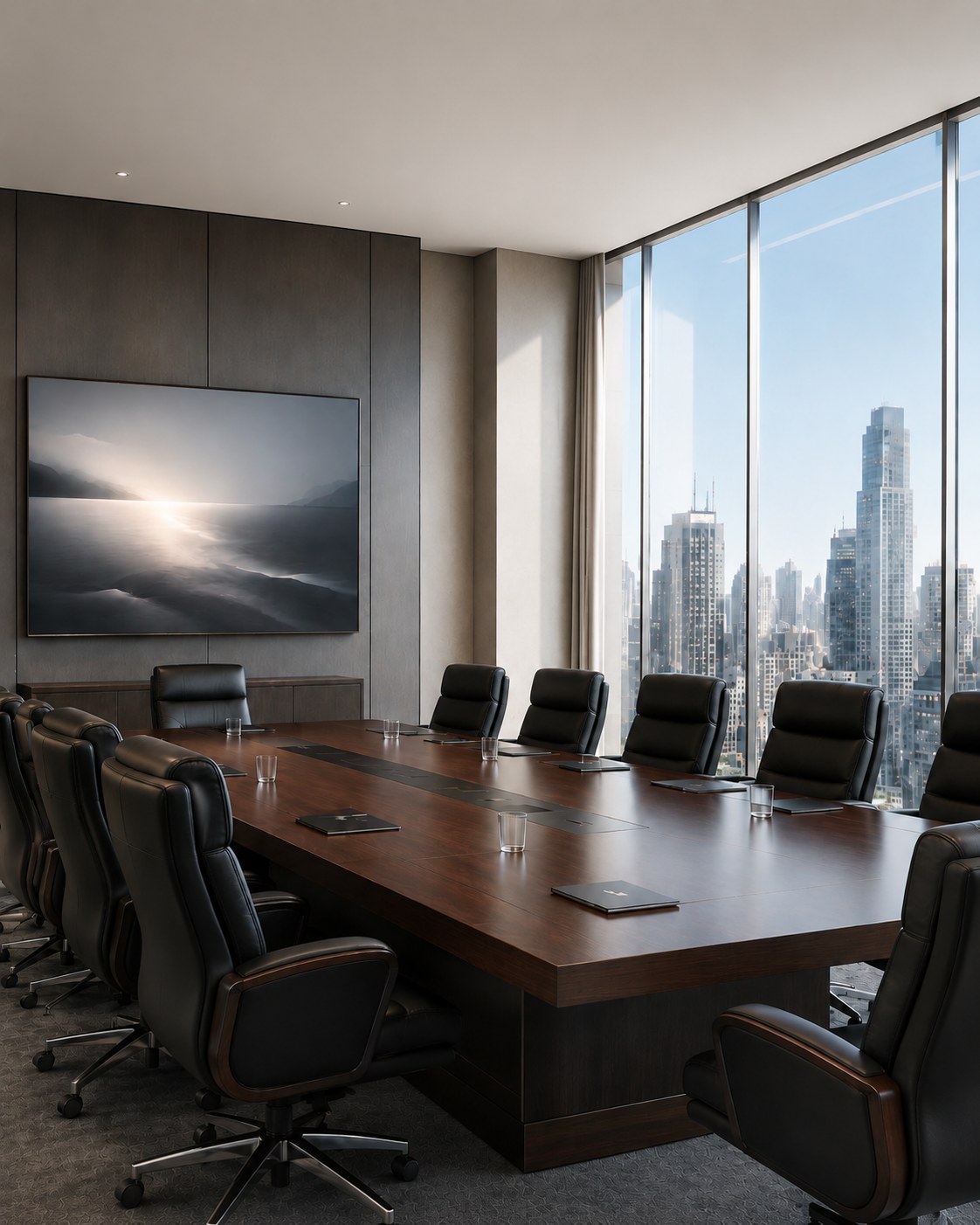 Modern executive boardroom overlooking a city skyline